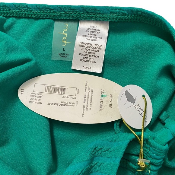 Mynah Green Textured Hipster Bikini Swimsuit Bottom Lined Adjustable Ties Large - Picture 5 of 11